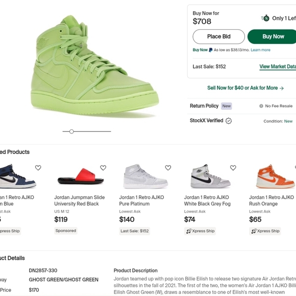 Special Ed. Billie Eilish Jordan 1 AJKO Ghost Green M9/Wo10½ main image 11
